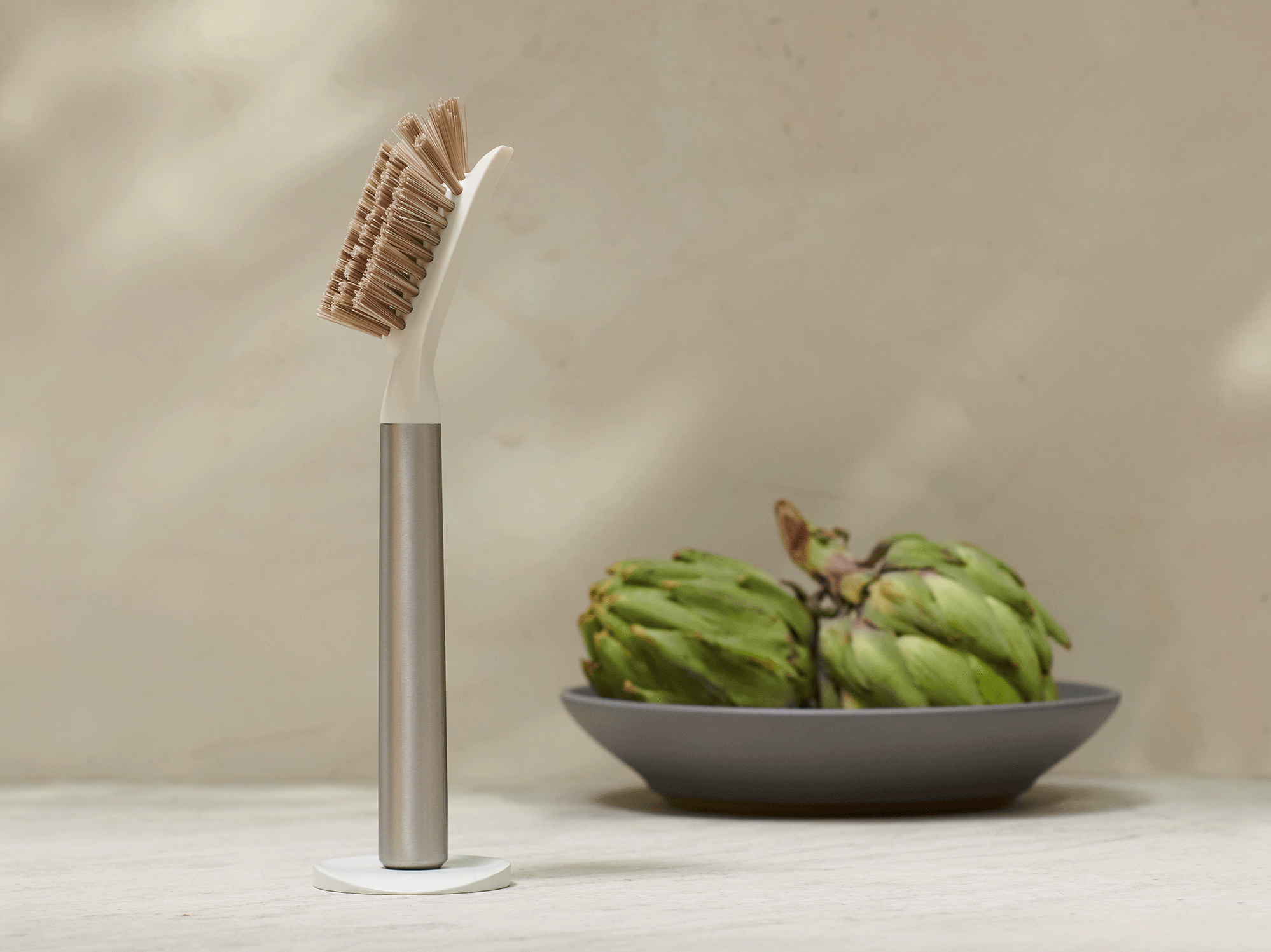 Curio Homegoods Ionic Stainless Steel Dish Brush with light background and fruits