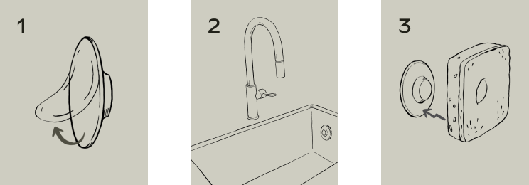 Illustration images of how to set up Curio Homegoods Magnetic Sink Mount